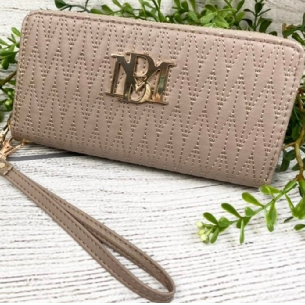 Badgley Mischka Long Wallet with Phone Pocket Wristlet Taupe 8" x4" NWT